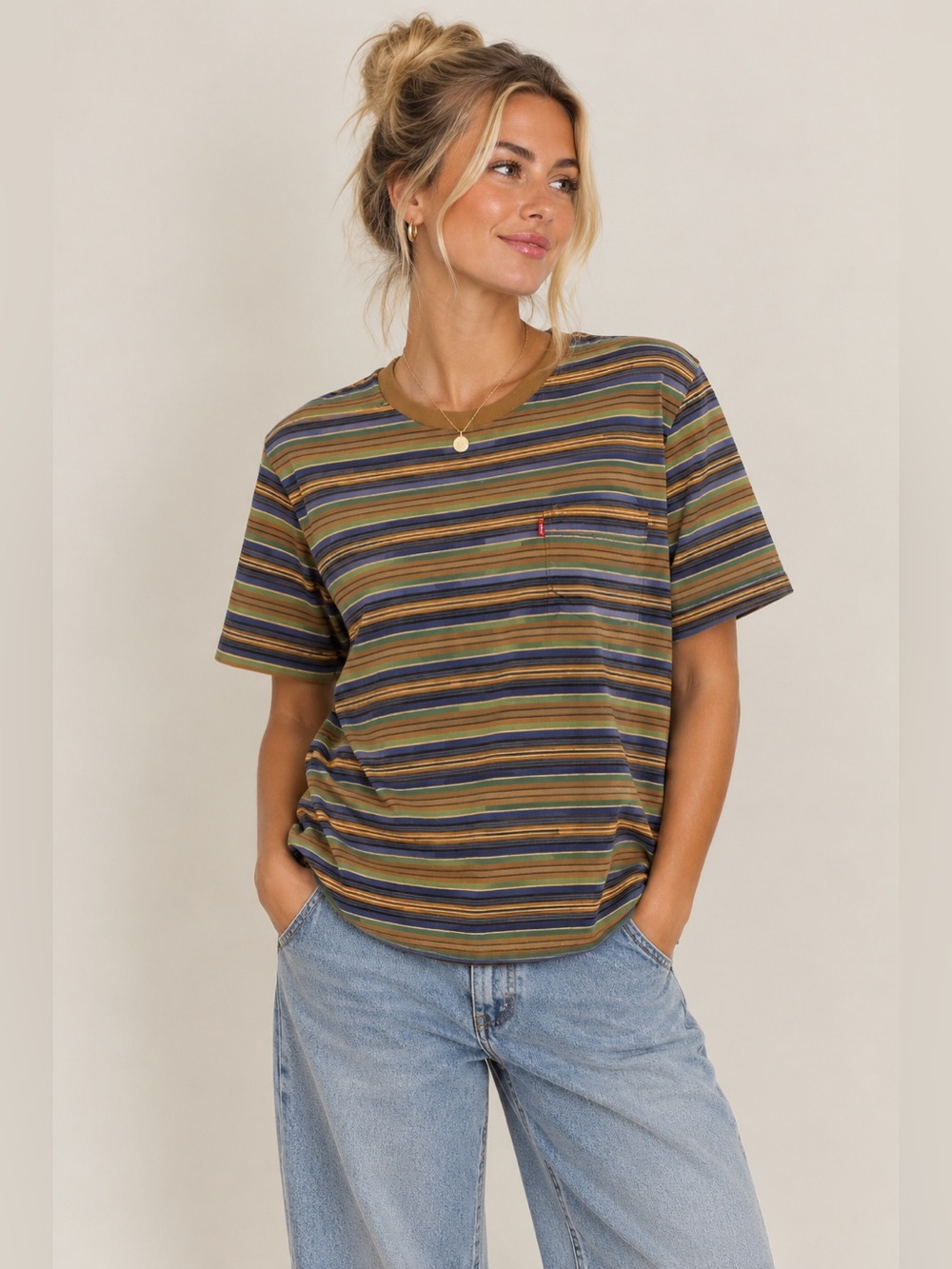 Levi's Striped Short Sleeve Pocket Tee in Olive, Blue and Tan